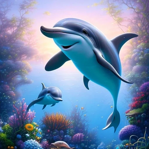 pixar style, volumetric summer garden environment and background, realistic painting of a cute dolphin, looking excited, detailed digital painting, extreme dense and fine fur, anime, ornate, colour-washed colors, elegant, small minutiae, tiny features, particulars, centered, smooth, sharp focus, renderman gofur render, 8k, uhd, detailed eyes, realistic shaded volumetric lighting, sunlight caustics, backlight, centered camera view