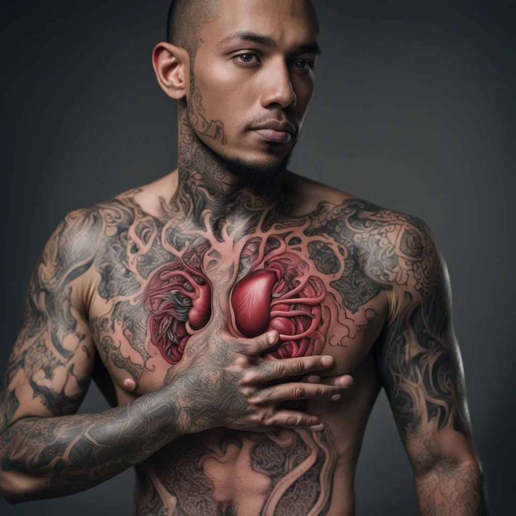 man with light skin with the entire cardiovascular system tattooed, nikon 70mm lens, photo, professional studio photo, very real