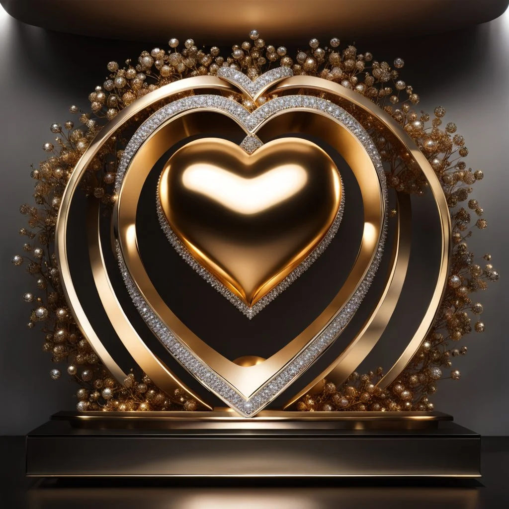 A magnificent golden and silver heart-shaped sign adorned with a stunning golden sphere encrusted with sparkling diamond clusters at its center, elegantly spinning in position.