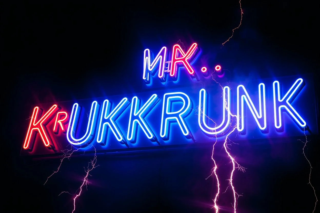 a very big blue whita neon sign that say "MR. KUKRUNK" , black background, flashes and sparks, thunder and lightning