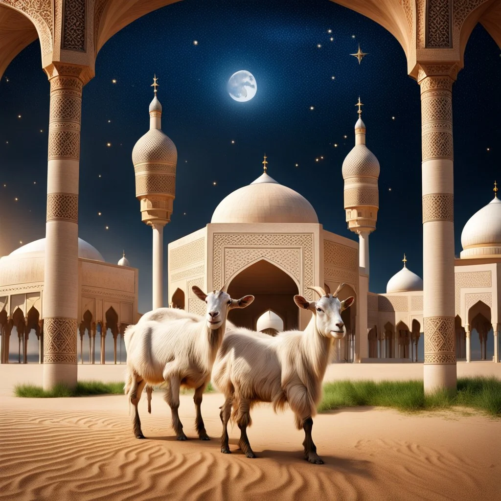 Hyper Realistic Photographic-Center-View of Goat, Cow & Camel outside Detailed-Crafted-Islamic-Architecture-Mosque-Arche with stars & a-half-moon with grass-patches-whirling-on-sand-land showing dramatic & cinematic ambiance.