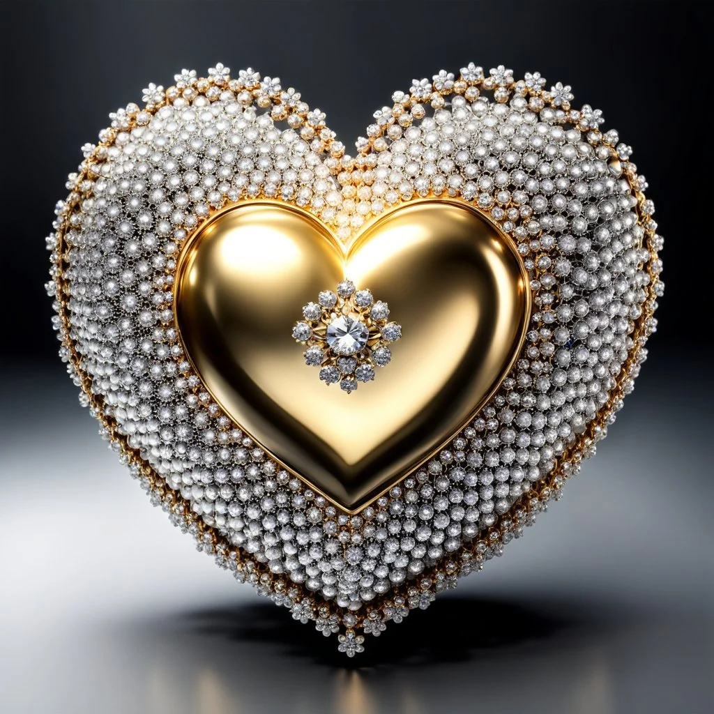 A magnificent golden and silver heart-shaped sign adorned with a stunning golden sphere encrusted with sparkling diamond clusters at its center, elegantly spinning in position.