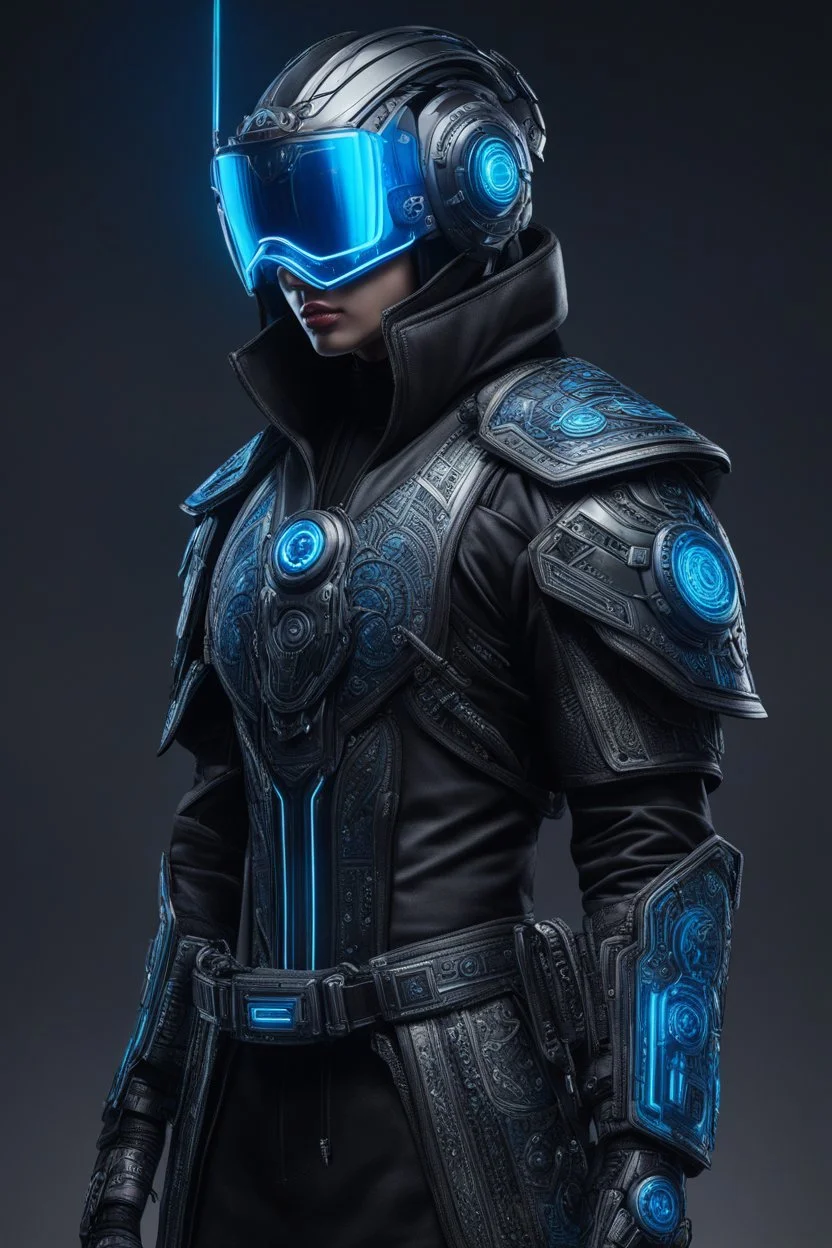 Someone wears a black Changshan costume and glass Cyberpunk helmet , full helmet cover , black and blue color, cyberpunk drawing style, neon, full body, intricate details, highly detailed, high details, detailed portrait, masterpiece,ultra detailed, ultra quality