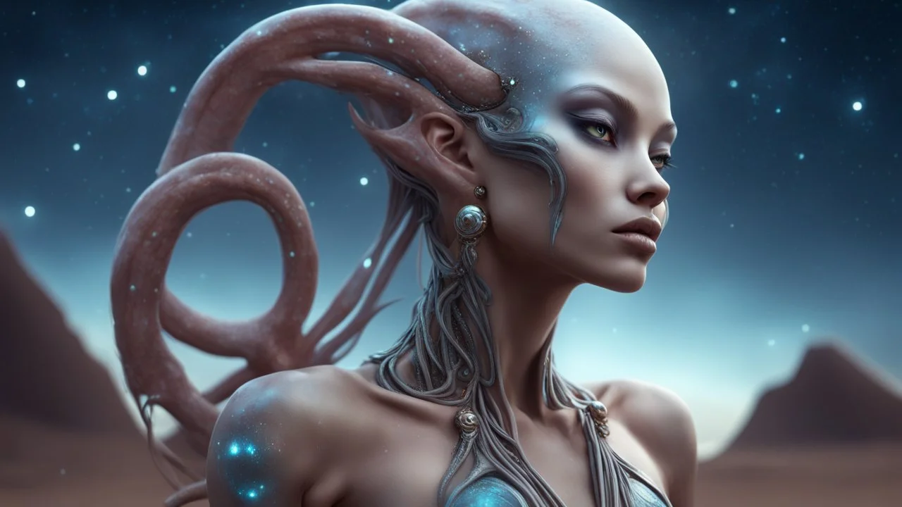 gorgeous female humanoid alien, slender muscular warrior, looking over shoulder at the sky, tentacles, coper zinc orichalcum jewelry and piercings, beautiful face, mesmerizing starry eyes, smooth translucent skin, hourglass, size DD.