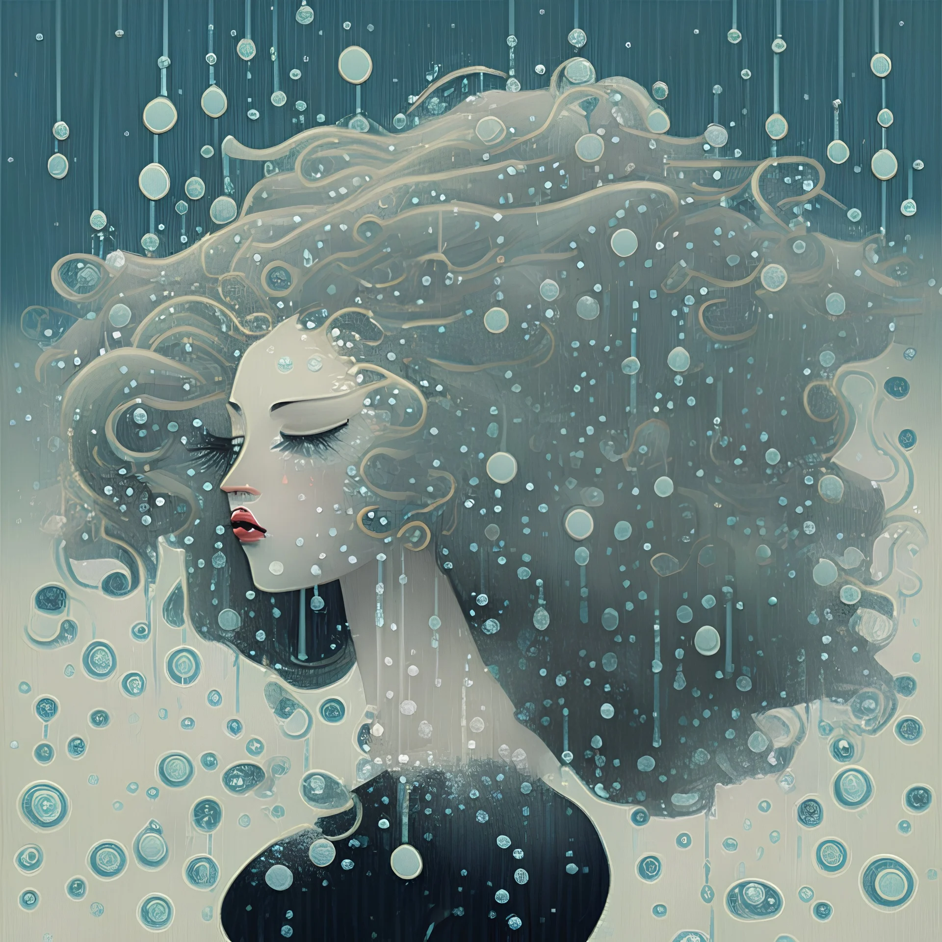 Hair and bubbles in the rain style of erte