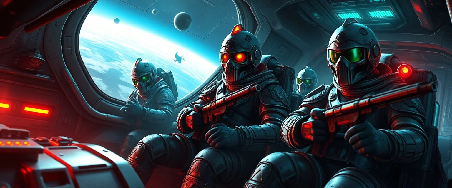 cowboy astronauts in a spaceship cyberpunk warhammer madness, space alien Abjurer Wizard