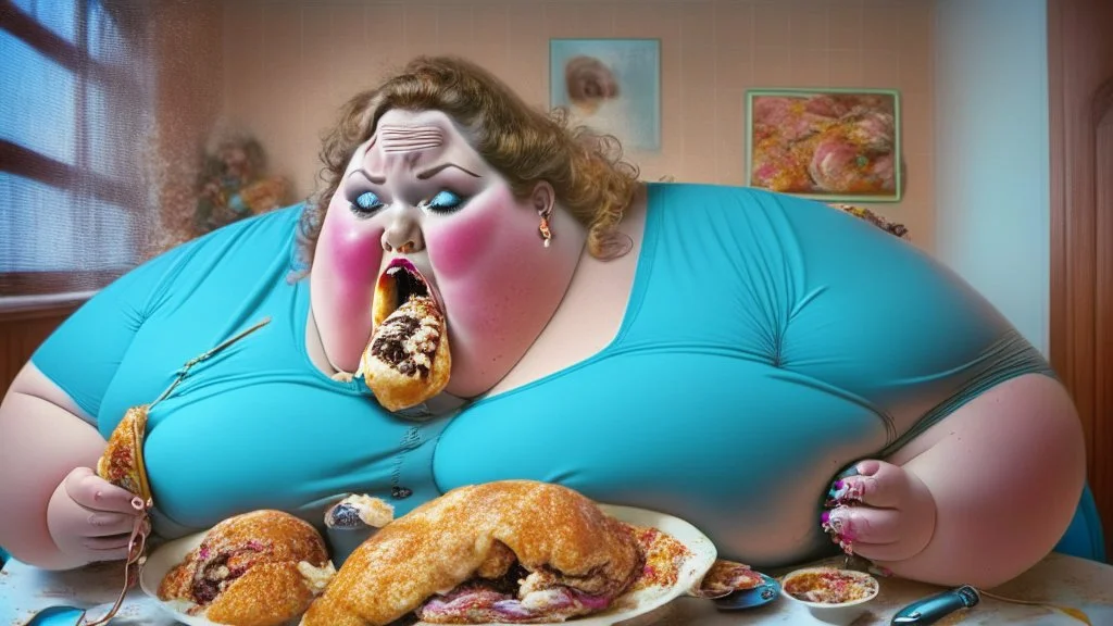 big woman stuffing mouth with food while on the telephone