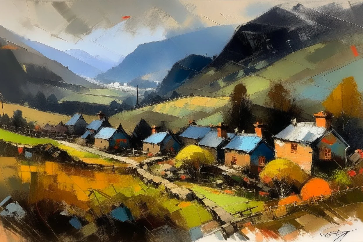 Welsh mountainside in style of Chris Forsey