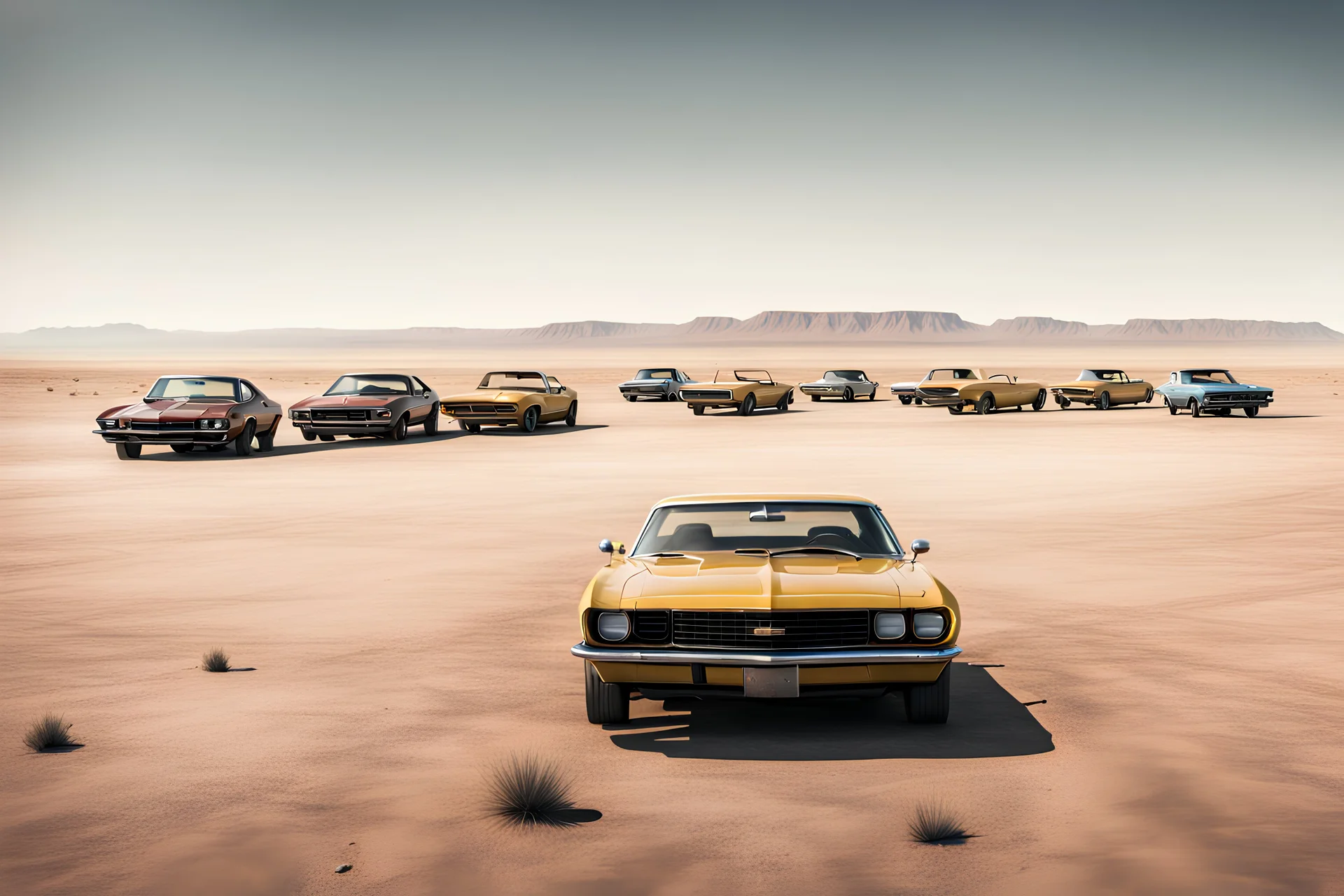 Fotorealistisch Autohof in einer endlosen flachen Wüstenebene, vollgeparkt mit stark verwitterten aber fahrtauglichen Chevrolet Camaro von 1967 bis 1981