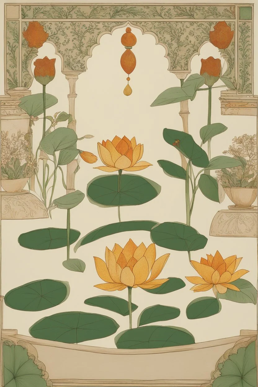 Channel the beauty of the Mughal Gardens with detailed hand-painted representations of traditional Indian flowers like lotus, marigold, and jasmine. Incorporate intricate geometric patterns and water features.