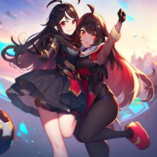 Clear focus,High resolution,High quality, Smiling,Wearing a Fortnite Inspired Outfit,Wearing black long socks, Black Long hair with a ahoge, Red eyes, Wearing black gloves