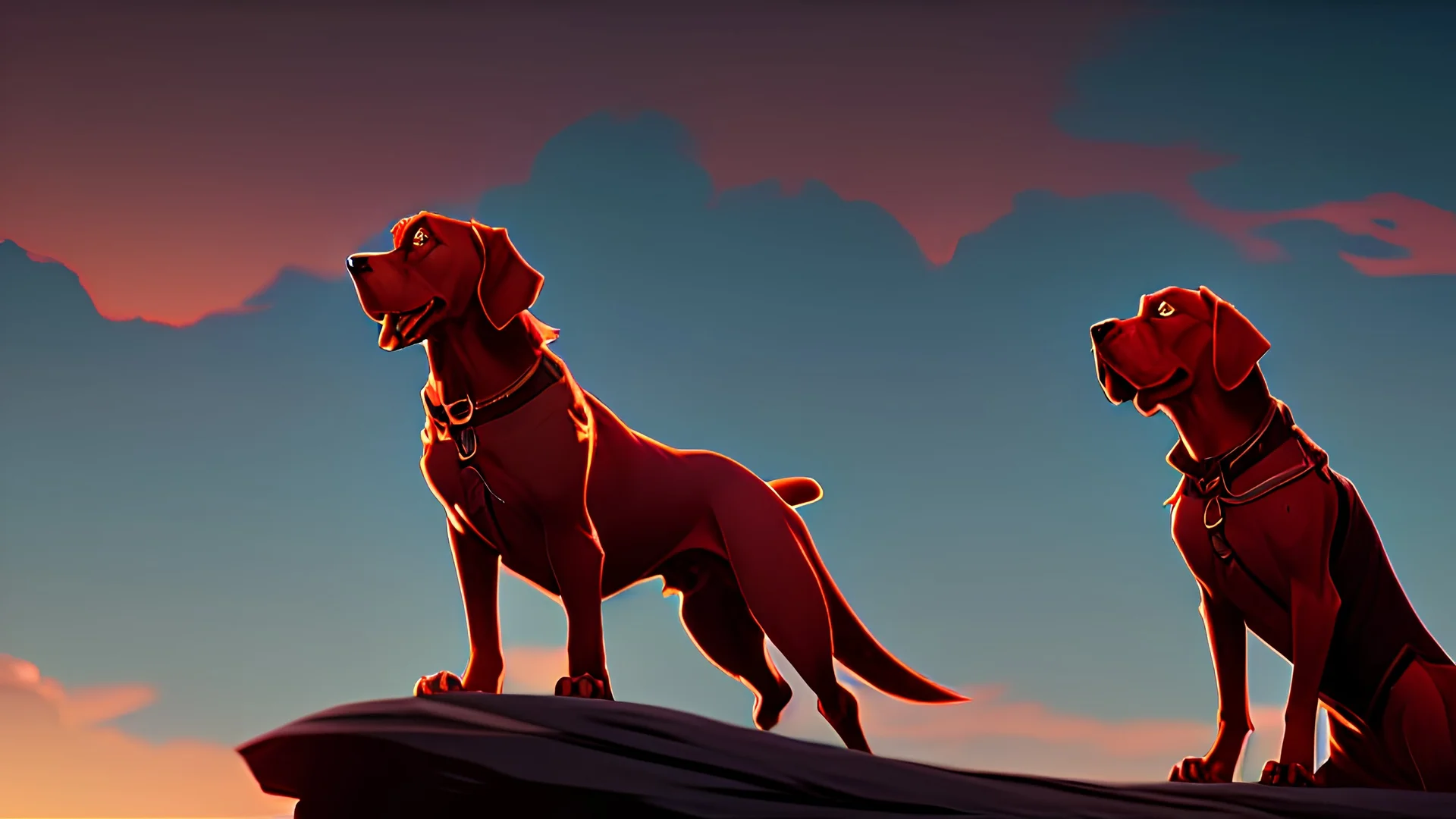 A handsome young red labrador dog standing on top of a mountain with a beautiful sunrise behind him. Also they’re a dragon with him.