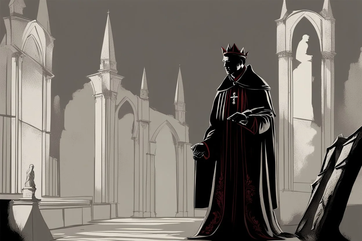 cardinal priest, reading, shadow, silhouette, gray background, medieval, illustration,