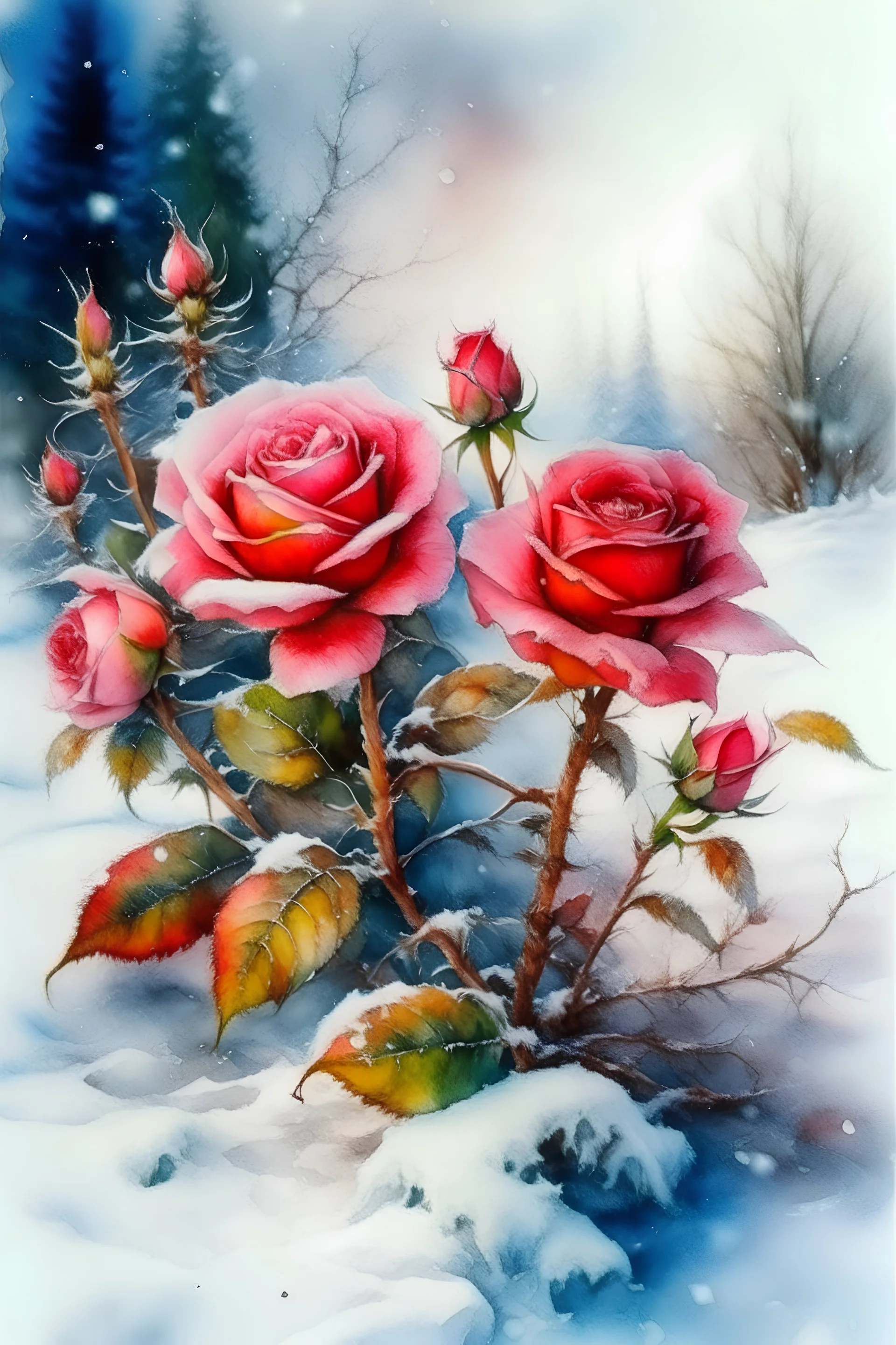 magic Winter landscape, blooming roses in the snow. Jean-Baptiste Monge style, watercolor, ink. Picturesque and colorful. Bright colors of the ring exquisitely luxury chic aesthetics photo harmony professional photo 64K pixel graphics high detail bright lighting