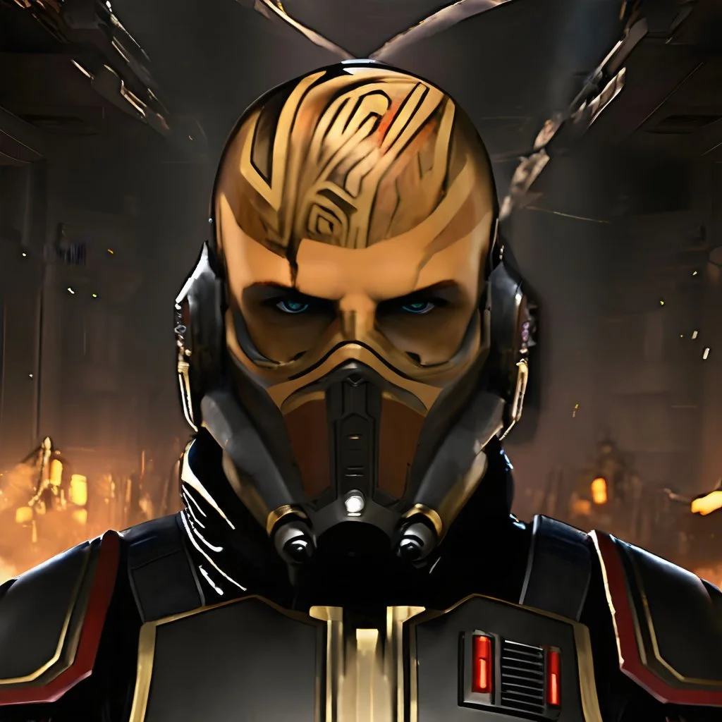 star wars bald male corellian jedi wearing gunmetal grey and black old republic armored flightsuit with gold and metallic red trim inside the jedi temple, centered head and shoulders portrait, hyperdetailed, dynamic lighting, hyperdetailed background, 8k resolution, volumetric lighting, light skin, fully symmetric details