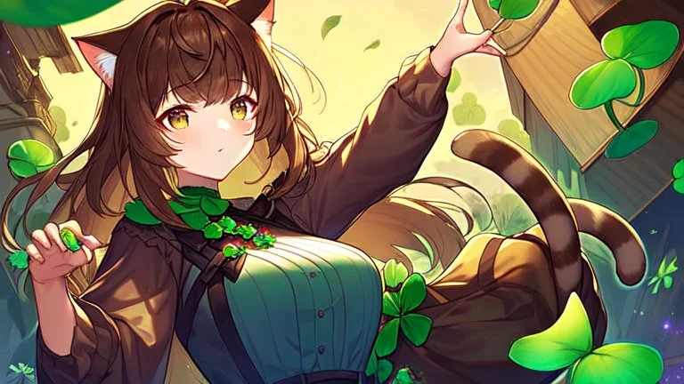 rave poster with Four-leaf clover girl with brown hair and cat ears