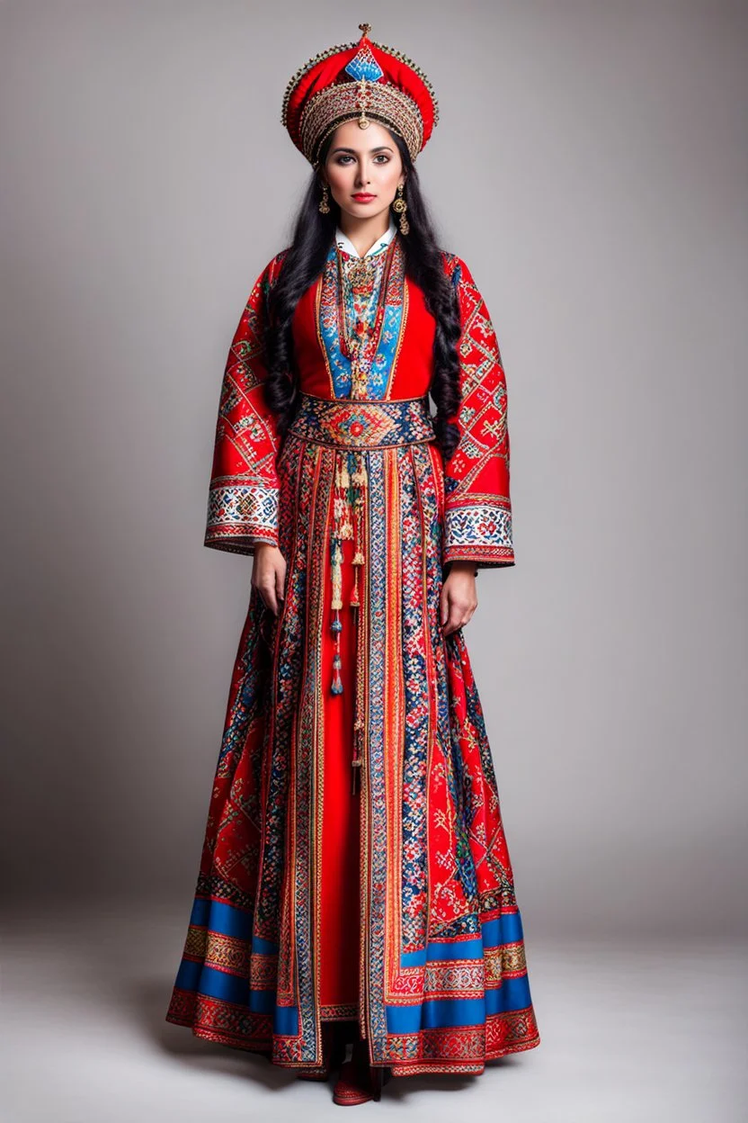 young lady in azeri national costume standing full body shot