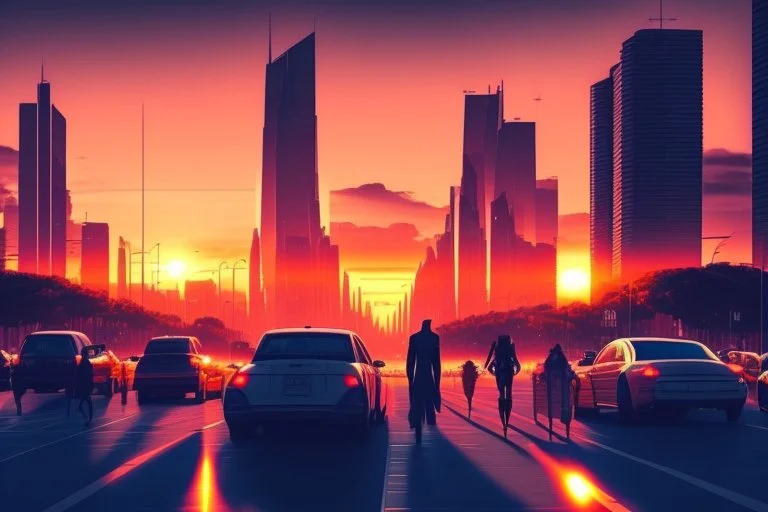 City, avenue, sunset, people, sci-fi, epic