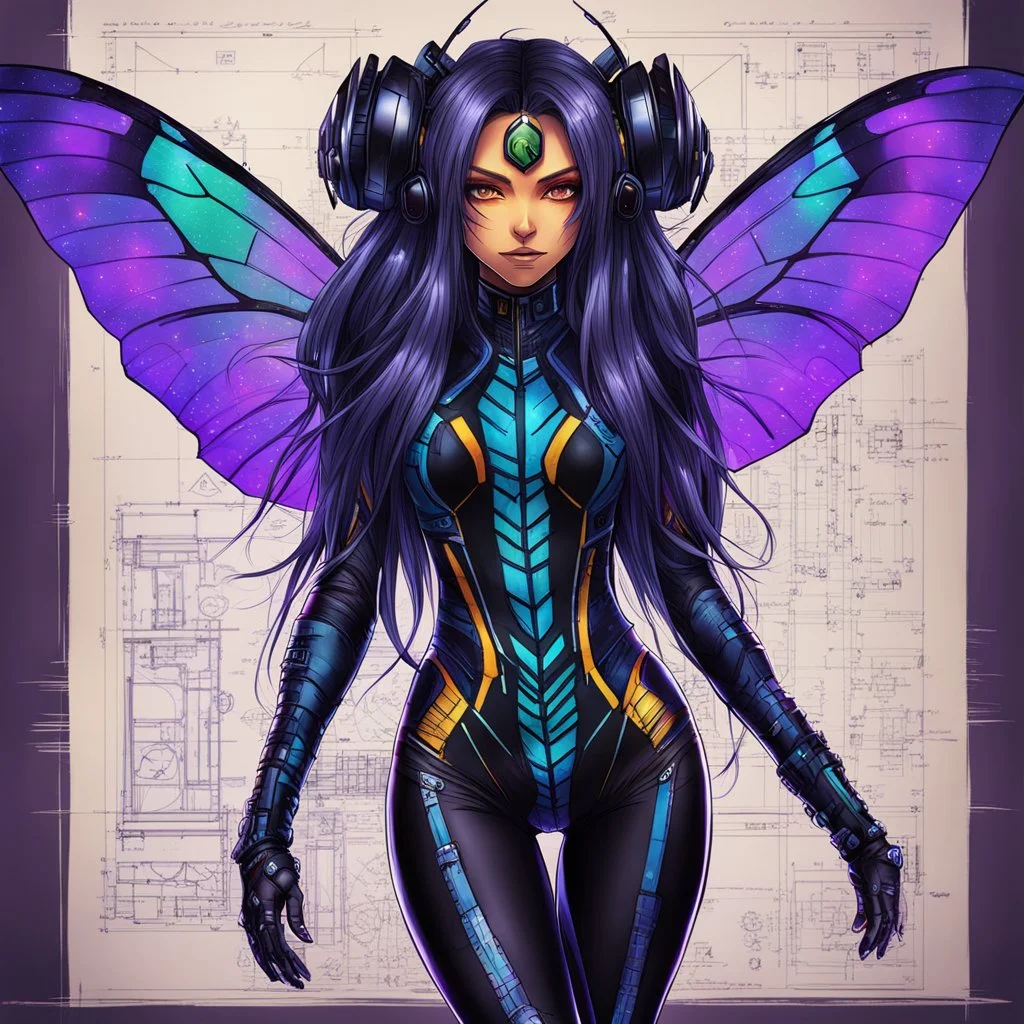 full body portrait illustration , long hair, with detailed blueprints and engineering schematics of a walking hybrid Madagascan sunset moth insect girl, antennae, black sclera, in anime style, with highly detailed facial features, drawings, and technical notation, 8k, vibrant natural colors, purple tight latex bodysuit