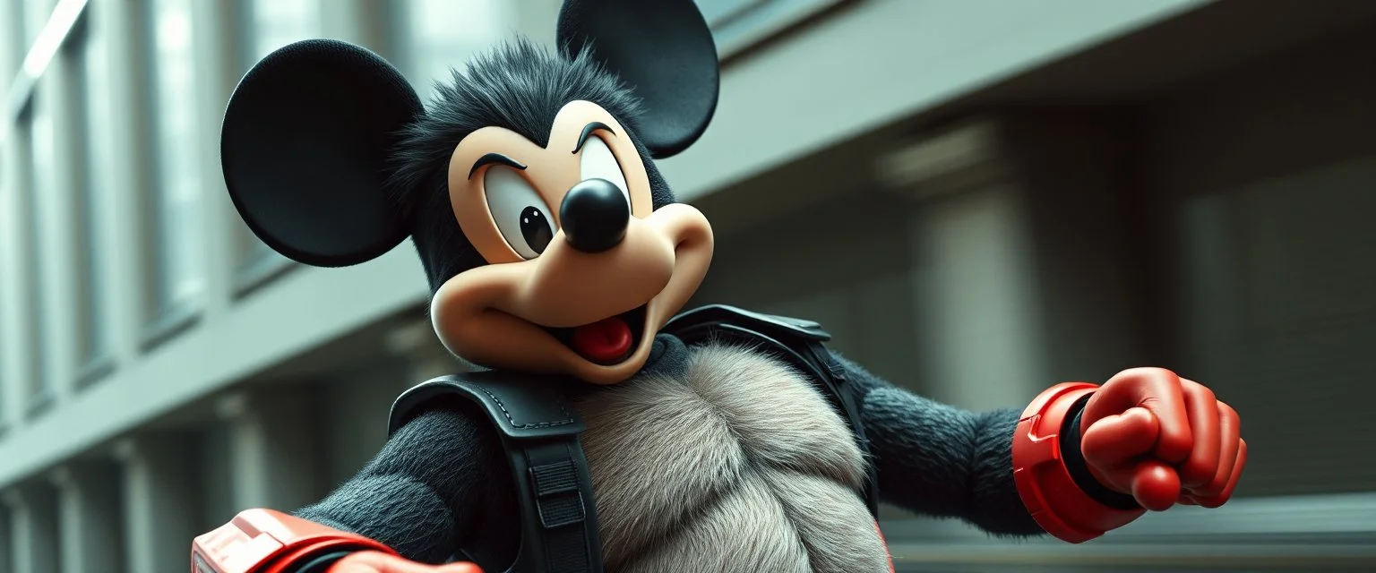 hi speed bad ass cyber punk masculine realistic mickey mouse humanoid with hairy arms and chest, motion blurred background