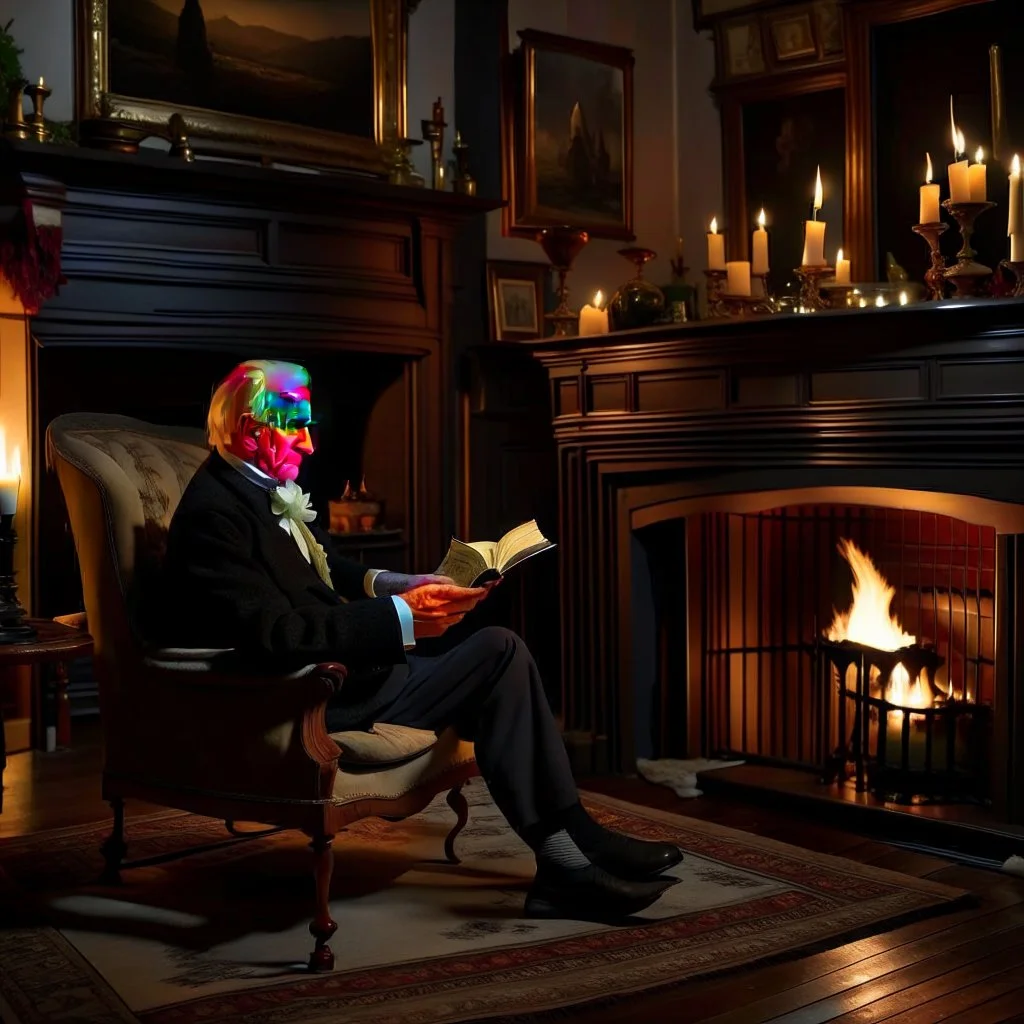 A pleasant and charming scene of a 70-year-old man in the Victorian period sitting on a wing chair next to the fireplace and reading The Times of London while enjoying a glass of wine on a winter evening. The man has a balding forehead and curly white hair. He wears black shoes and sits by the hearth on which candles are lit in candlesticks. On the wall hang paintings of an English countryside landscape. A boxer dog is napping on a carpet on the floor next to the woman. . The room is lit by th