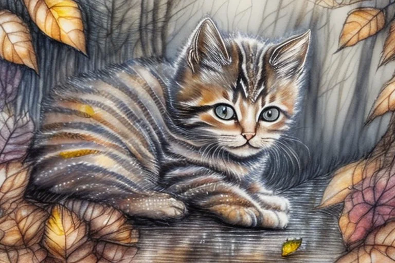 Cute soft contented kitten sweeping autumn leaves from the dirt road in the forest, reflecting water, misty morning sky, intricate zentangle, muted colours, employ golden ratio, elegant, intricate, very beautiful, high definition, hdr, pencil sketch, ultra realistic, ink, wet on wet watercolor, sparkling background