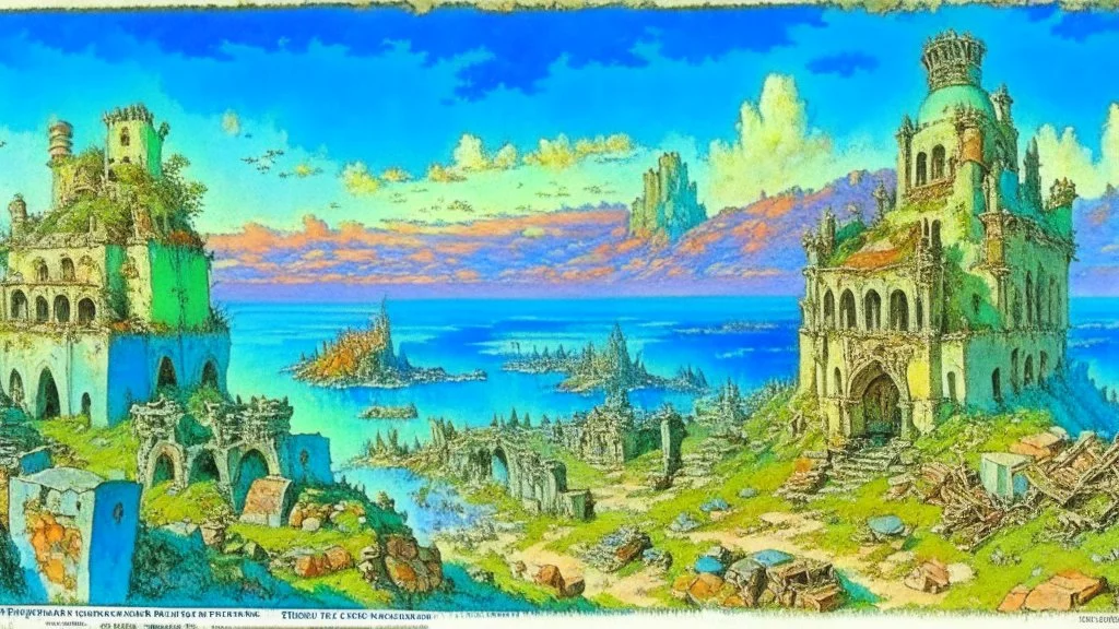 Destroyed City, medieval ruins, debris, stone, breched, brocken, Perspektiv from the sky, by Jean-Baptiste Monge, Ivan Bilibin, Albert Bierstadt, Reza Badrossama, watercolor, intricate details, fantasy, beautiful, oil on canvas, award winning, imperial colours, fantastic view, radient colours, very attractive, crisp quality