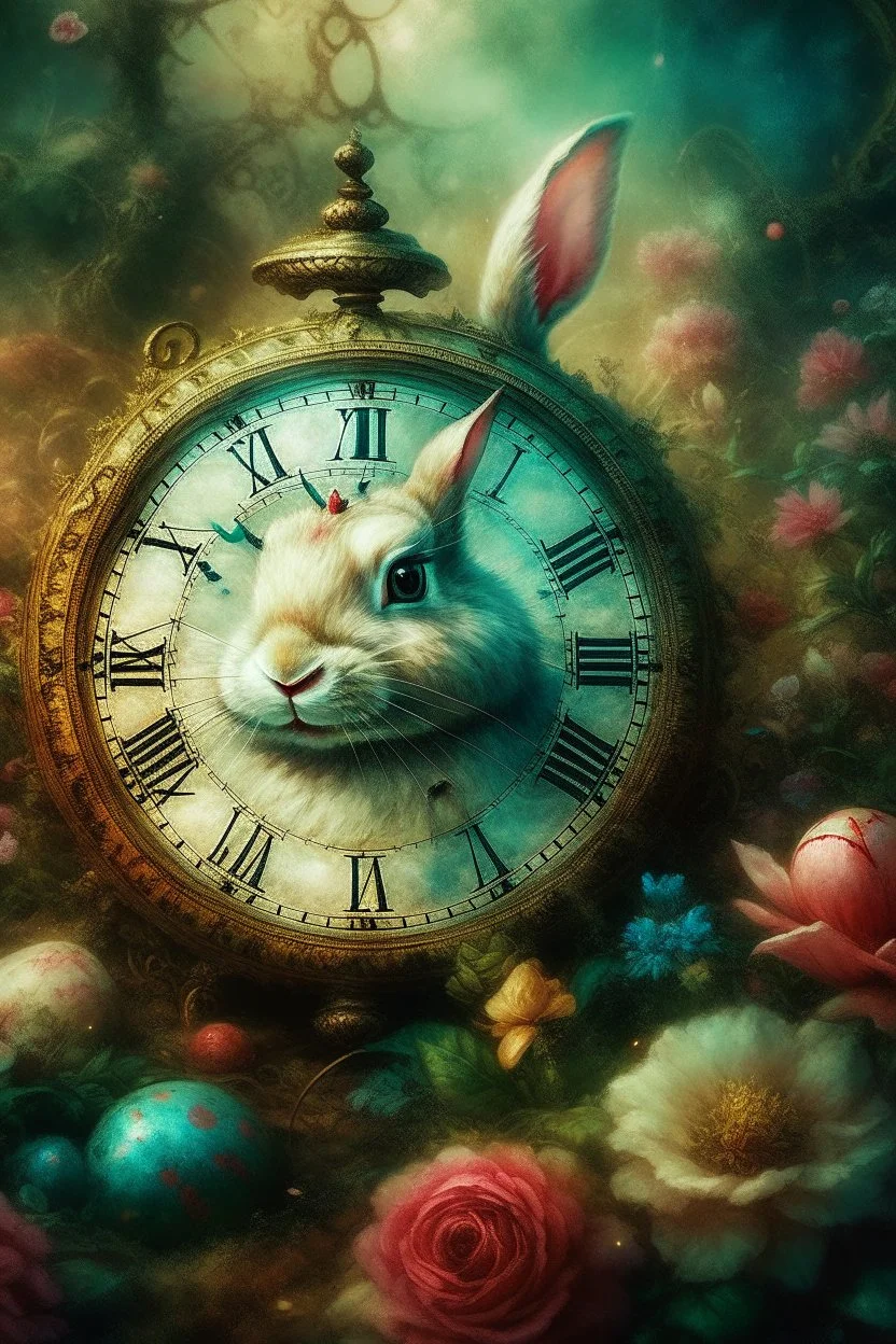 The fairy tale "Alice in Wonderland", a rabbit with a clock hurries among the bushes of vintage roses Oil on silk, work of art, hyperdetalization, professionally, filigree, misty haze,surrealism, transparent, delicate pastel tones, backlight, grunge style, three-dimensional watercolor, aesthetically pleasing, beautiful, realistic, high resolution, high detail, ISO 100 photosensitivity and aperture f/2.8, 1/250 with a 30 mm lens, 32 KB