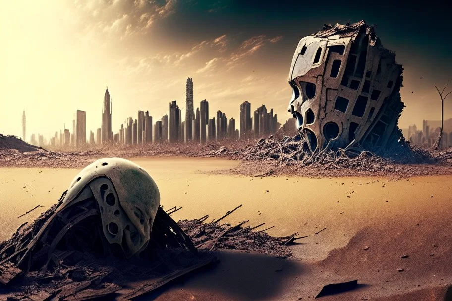 A picture of an AI in the foreground, in the background drought-cracked earth and a collapsed city