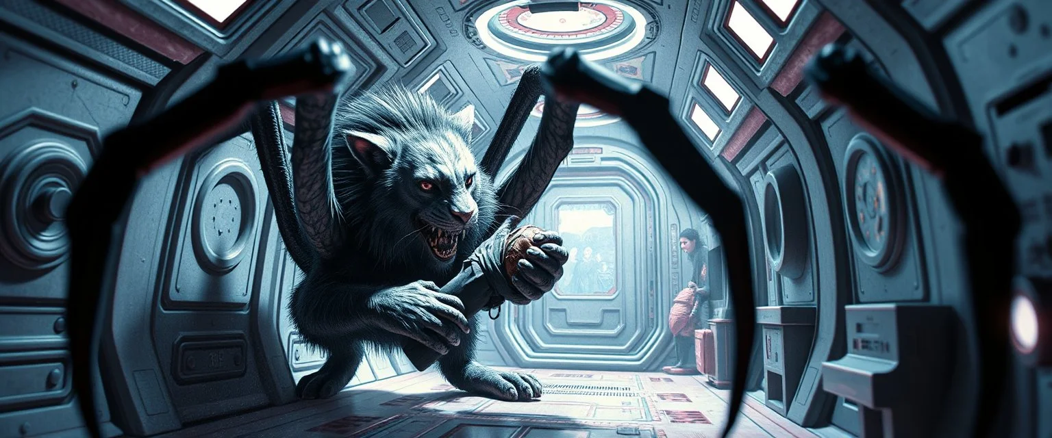 gritty air brush 3d with pen outline, vampire space loab spider lion cat holding a human in its grip, pin hole cam in doll house space ship corridor, in the style of HR GIGER, ESCHER