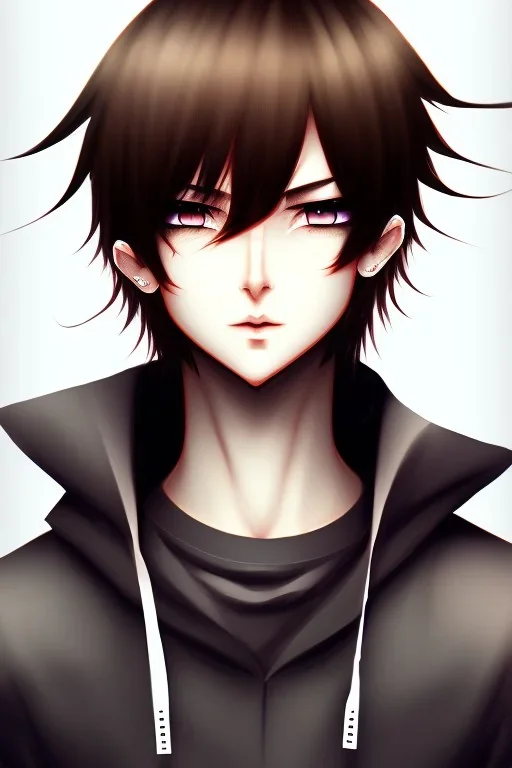 anime boy with short brown hair with split bangs, black outfit, brown eyes