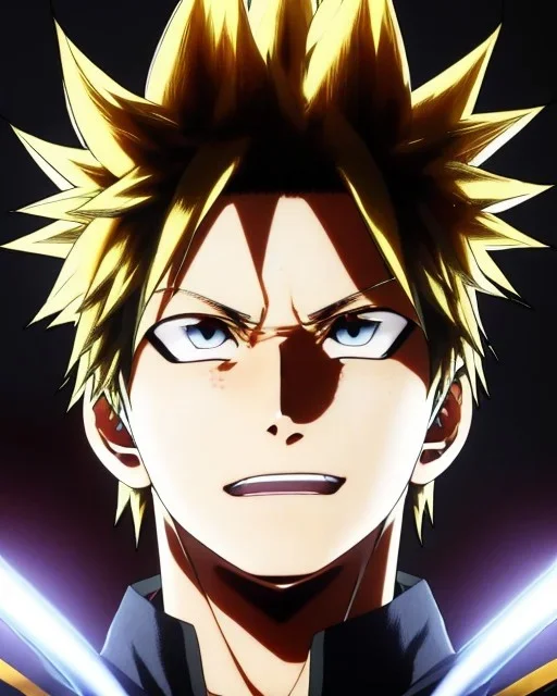 Detailed anime portrait of bakugo from my hero academia, gold hair and golden eyes, black suit, intricate details, full body portrait, keep head in frame, slight smile, black Japanese motif, concept art, highly detailed, digital painting, concept art, sharp focus, illustration, art by Yoji Shinkawa, WLOP and greg rutkowski and alphonse mucha and artgerm and yanjun Chen and Junji ito and Makoto Shinkai, HDR, octane render