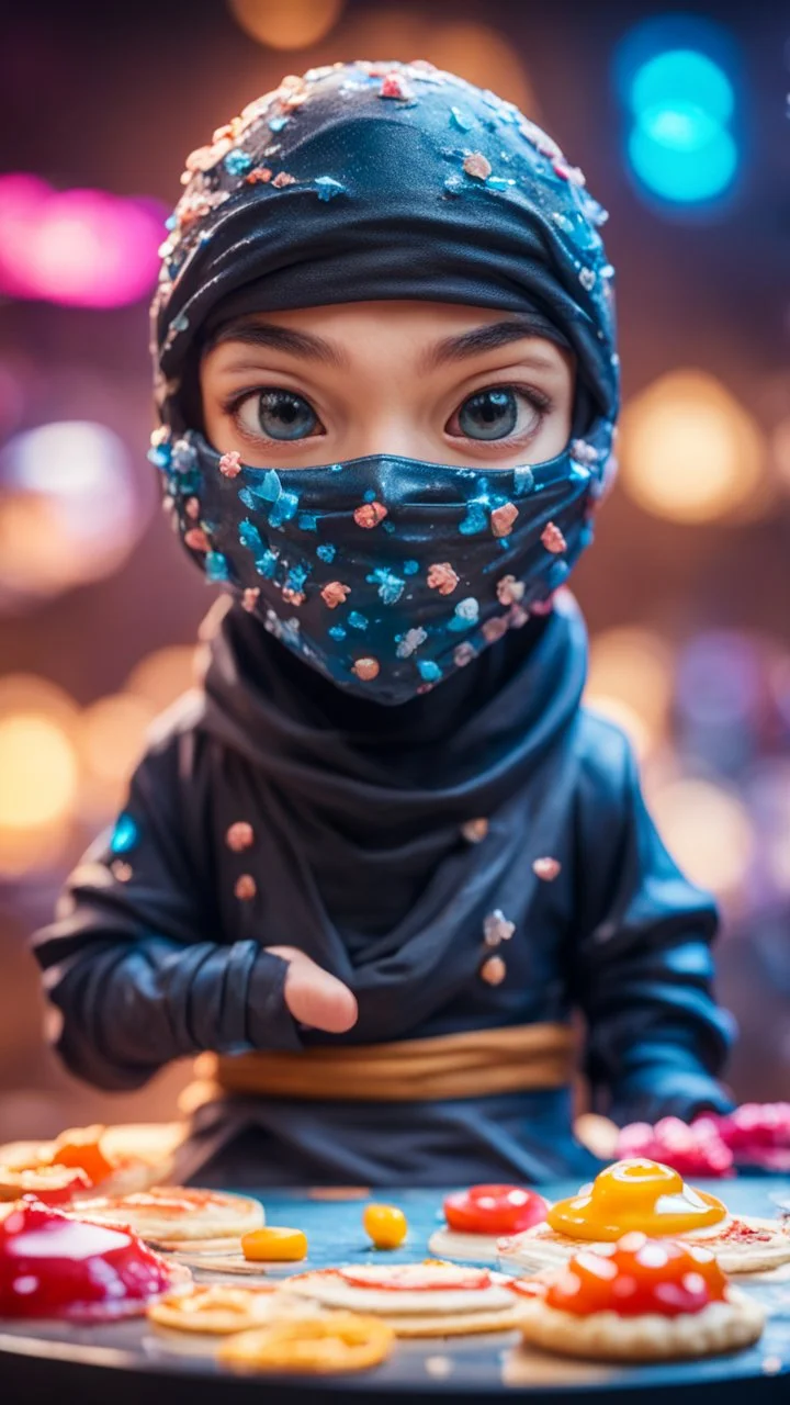 portrait of cute ninja with jelly mask , baker of the highest many storied advanced art ninja star cake sculpture during a casino game show, bokeh like f/0.8, tilt-shift lens 8k, high detail, smooth render, down-light, unreal engine, prize winning