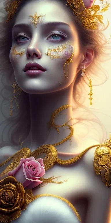 ultradetailed beautiful portrait painting of love Aphordite with short flowing brown hair and sharp piercing gaze of deep grey eyes, alluring beauty, smile lip, wearing jewels, roses, ultra ornate, gold leaf deatils, wearing white dress, by conrad roset, greg rutkowski and artgerm, trending on artstation