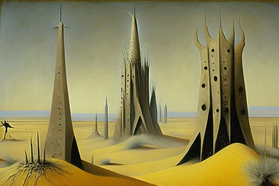 Mysterious towers in a desert landscape by artists "Leonora Carrington" and "Max Ernst"