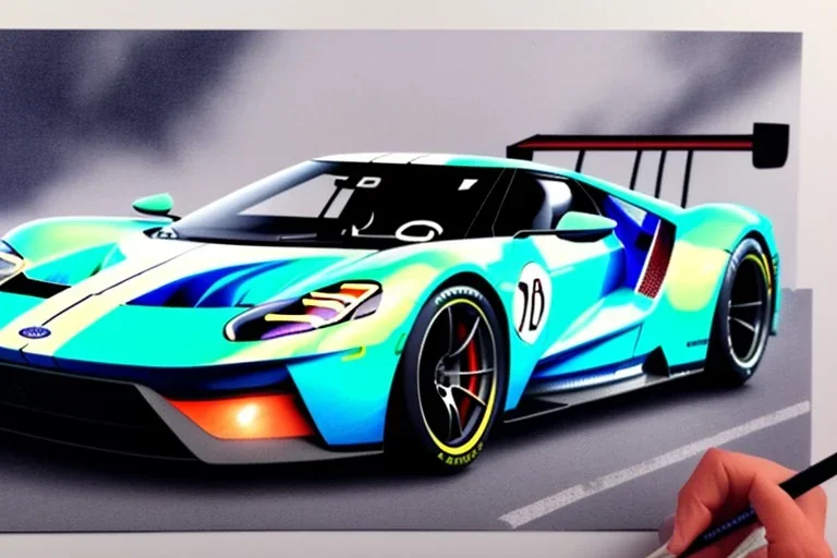 a true-to-life 2016 ford gt race car, pen and color marker, centered, intricate, extreme detailed, photorealism, center view, race track background, pivot on ford, painting by cheryl kelley