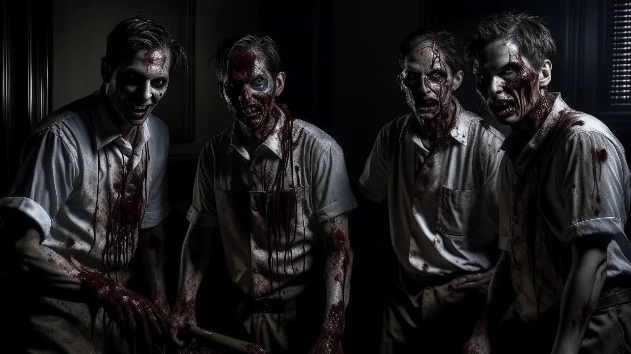 4 men zombies in adark room bloody