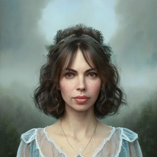 Susanna Hoffs, beautiful, highly detailed face, meticulously detailed hair, ethereal fantasy hyperdetailed mist, maximalist matte painting; polished, realistic oil painting. Victorian era portrait painting, old fashioned, vintage, antique, beautiful, Unreal Engine, 16k