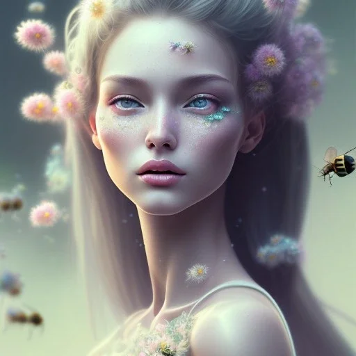 flower beautiful girl,utra realistic,highly detailed, sharp focus, parallax flowers, honeybee, fantasy art, intricate detailed, elegant, fog, Special Lighting, Vibrant, Solid color,color Scheme, forest, unreal engine 5