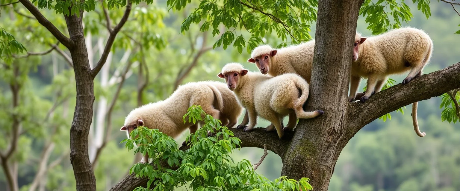 monkey sheep flock climbing trees