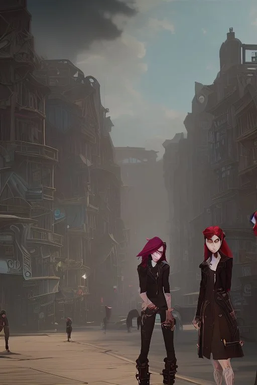 Three 13-15-year-old detectives - two brothers with red hair and a girl with a punk look, dark clouds and brown hair, strong make-up with black cat. In the background, a group of teenagers turned into computer-addicted zombies. Everything is located in an old town.