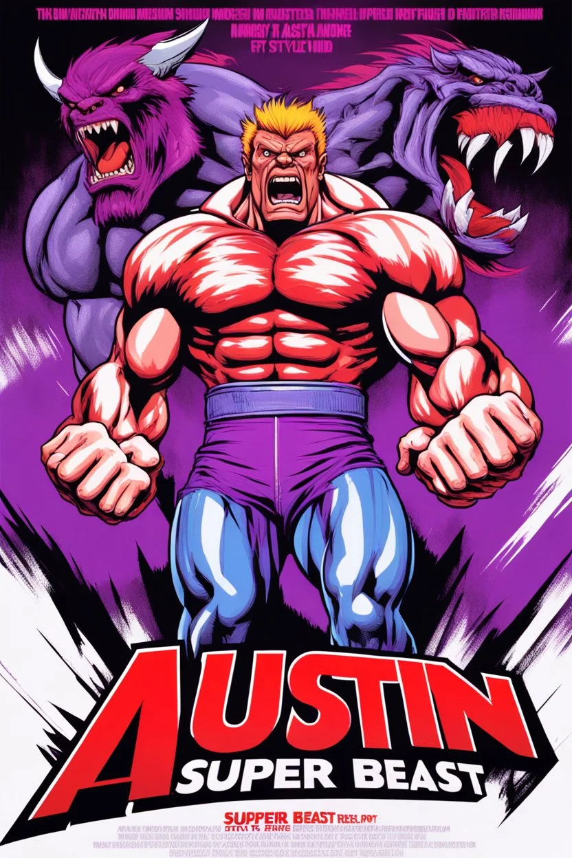super head fuked title with movie poster title:Austin super beast, monster full body muscles more angry and more 90s style, angry fast, extreme, wild, so so angry, tough sexy red and purple background with 90s style slashes