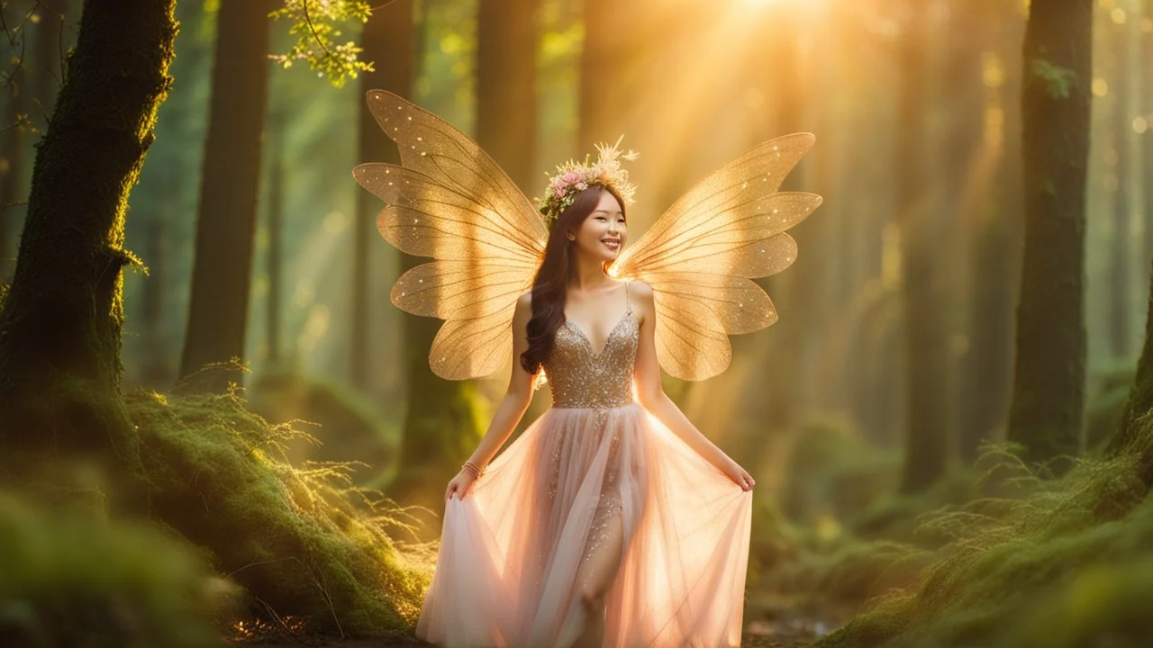 A gorgeous smiling Asian model in a fairy outfit with great glittering wings in a magic forest with 1000 y/o trees, a small torrent, loads of mini flowers, moss, sun rays through the branches, particles in the air at dawn