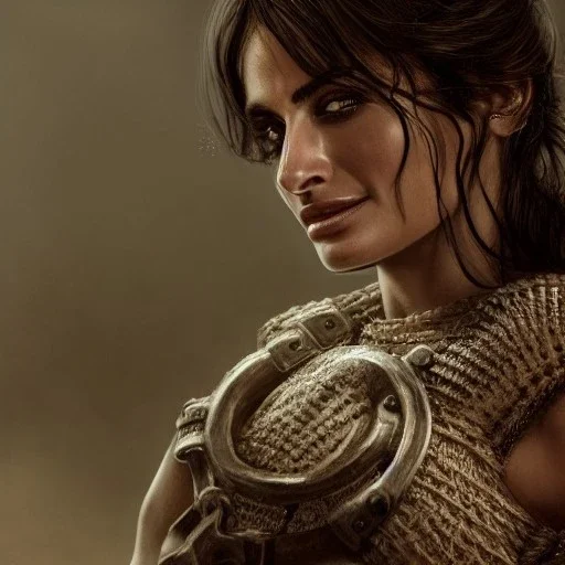 best quality, realistic lighting, masterpiece portrait of Penélope Cruz, details, light dusting of freckles, cowboy shot from above, simple chain hauberk, warhammerVector art matte painting digital illustration 3D shading CryEngine Behance HD 3Delight