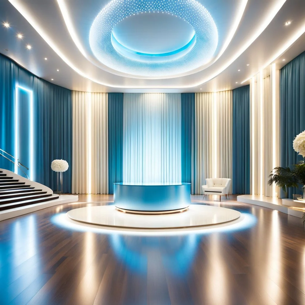 beautiful dance stage in luxury modern hall dynamic lights, modern furniture light blue & cream theme