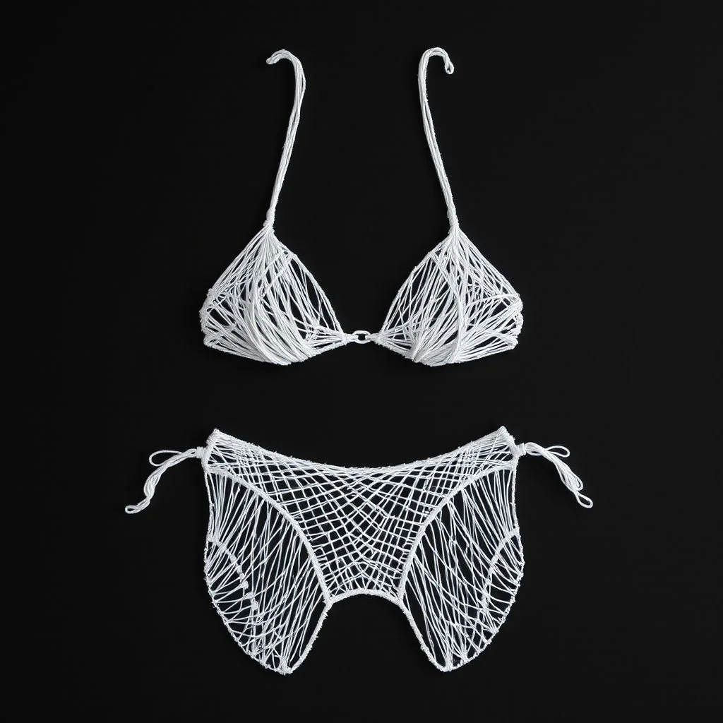 2d yarn and string art, minimalism, bikini top and bottoms made entirely out of white string, dark negative space, extreme contrast, concept art, stunning, dramatic, intricate details, string textures,