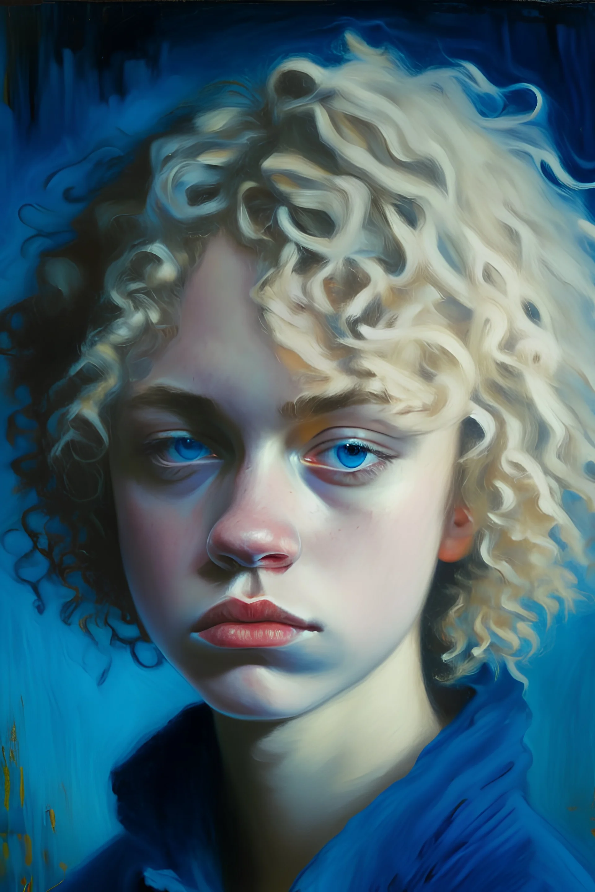 moody teen girl with short blonde curly hair blue eyes impressionist painting