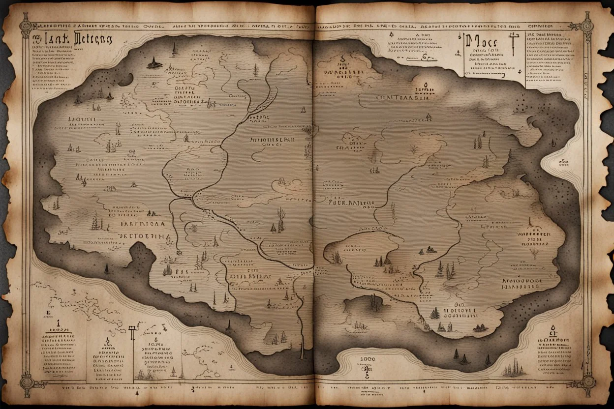 an ancient printed road map of a fictional place that was black and white and uses a Cree syllabic font, but has since been stained and weathered