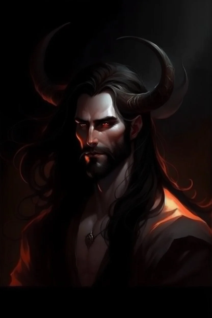 Beard, dark hair, demon prince, horns, handsome, mysterious, gentle, in love, beautiful woman with long dark hair