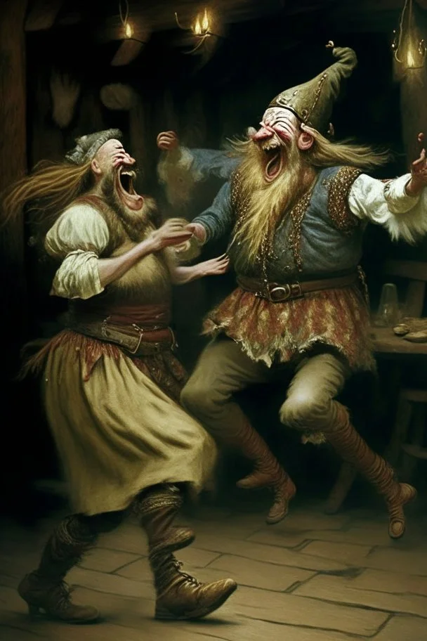 A Norwegian viking dancing a jig with Rumplestiltskin while God laughs